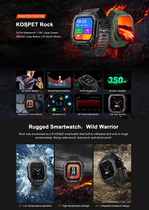 ROCK Rugged Smart Watch For Men Outdoor Sports - Black