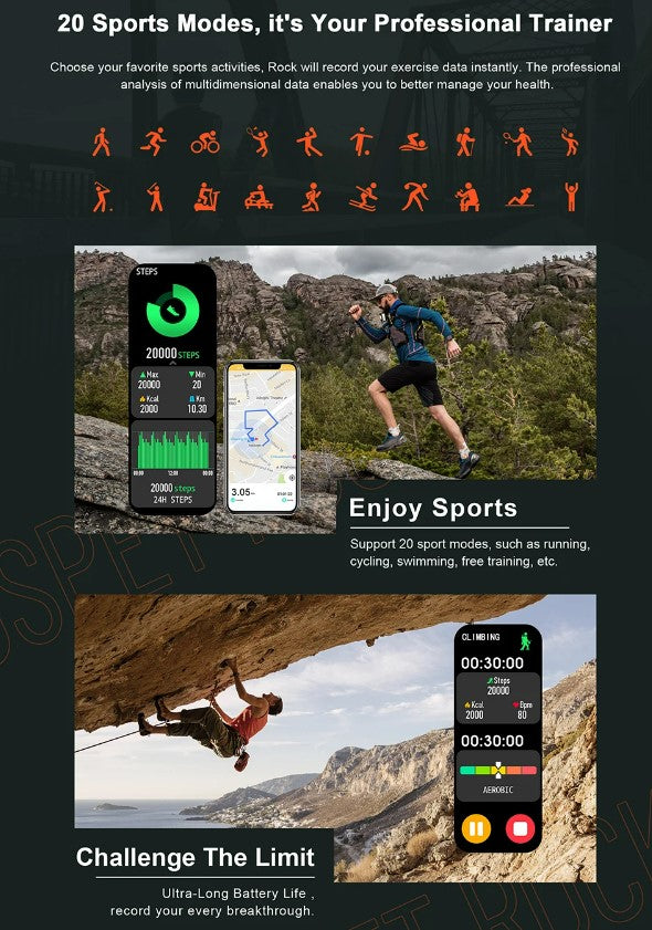 ROCK Rugged Smart Watch For Men Outdoor Sports - Army Green